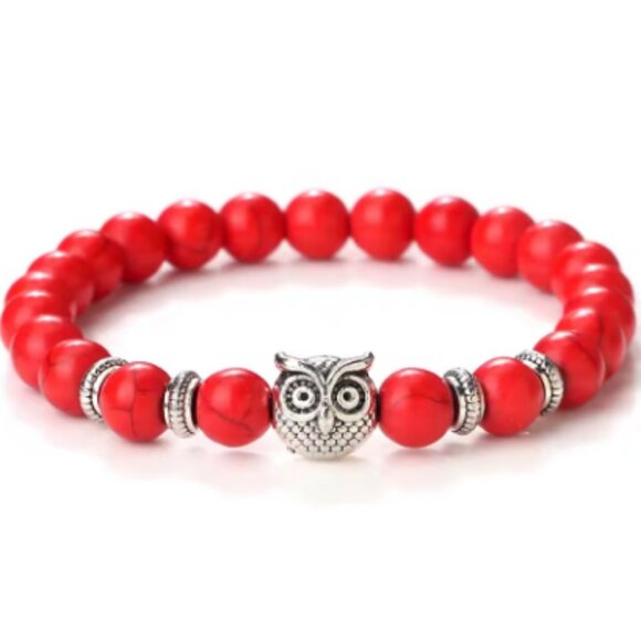 Owl Bracelet,Red Howlite Bracelet,Owl Stone Bracelet,8mm Beads - Picture 1 of 1